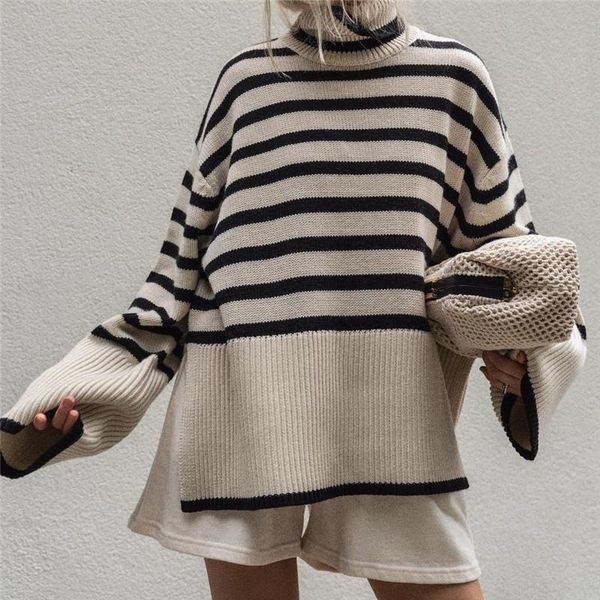 women's sweaters 2021 autumn temperament knitted pullover turtleneck loose beige black striped sweater aesthetic, White;black
women's sweaters 2021 autumn temperament knitted pullover turtleneck loose beige black striped sweater aesthetic, White;black