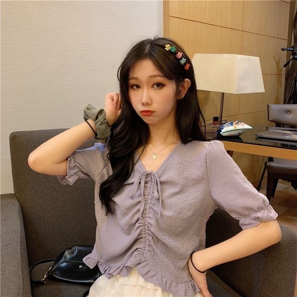 women's knits & tees sweet v-neck short chiffon shirt summer clothes drawstring design sense niche ruffled qot8, White
women's knits & tees sweet v-neck short chiffon shirt summer clothes drawstring design sense niche ruffled qot8, White