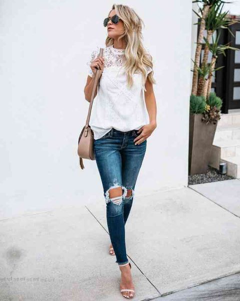 dress summer lace t-shirt summer short sleeve geometric stitching lace top, White
dress summer lace t-shirt summer short sleeve geometric stitching lace top, White