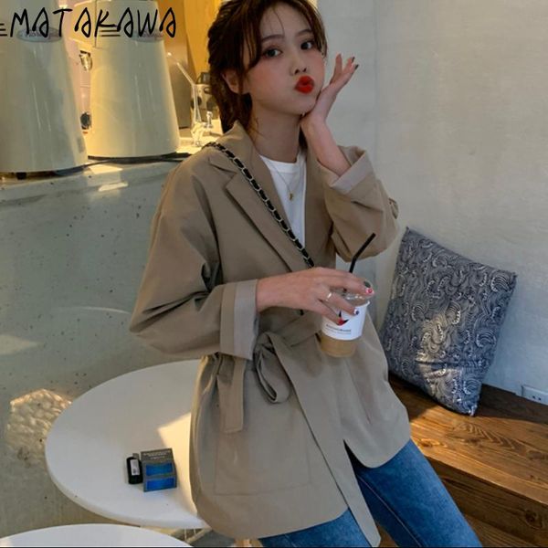 women's suits & blazers matakawa autumn all-match notched long sleeve thin blazer women solid casual pockets lace up loose woman jacket, White;black
women's suits & blazers matakawa autumn all-match notched long sleeve thin blazer women solid casual pockets lace up loose woman jacket, White;black