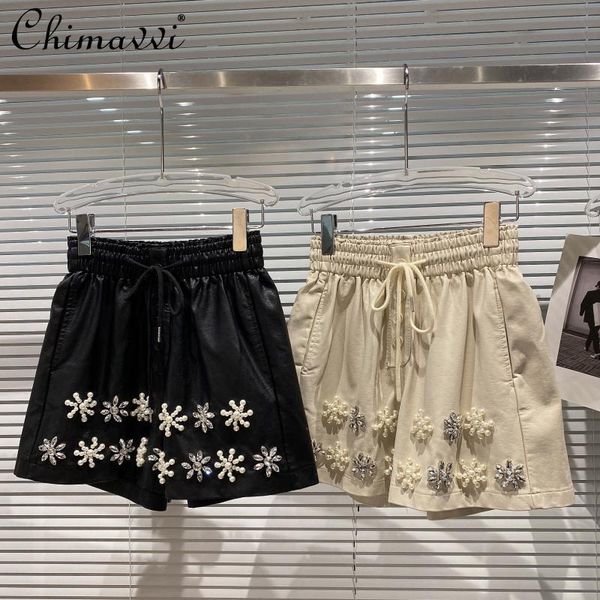 women's shorts 2021 autumn winter heavy rhinestone flower beaded drawstring fashion elastic waistband slim elegant pu leather short pan, White;black
women's shorts 2021 autumn winter heavy rhinestone flower beaded drawstring fashion elastic waistband slim elegant pu leather short pan, White;black