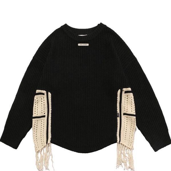 men's sweaters men black splicing sweater hip hop american high street wandering style loose knitwear couple fashion tassel simple pull, White;black
men's sweaters men black splicing sweater hip hop american high street wandering style loose knitwear couple fashion tassel simple pull, White;black