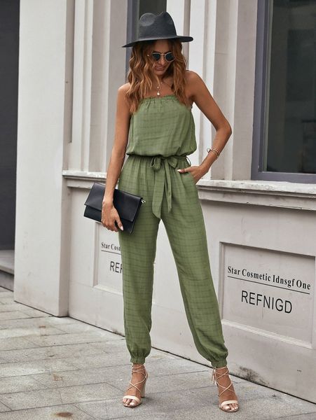 slant pockets frilled backless belted tube jumpsuit q8dy#, White 
slant pockets frilled backless belted tube jumpsuit q8dy#, White