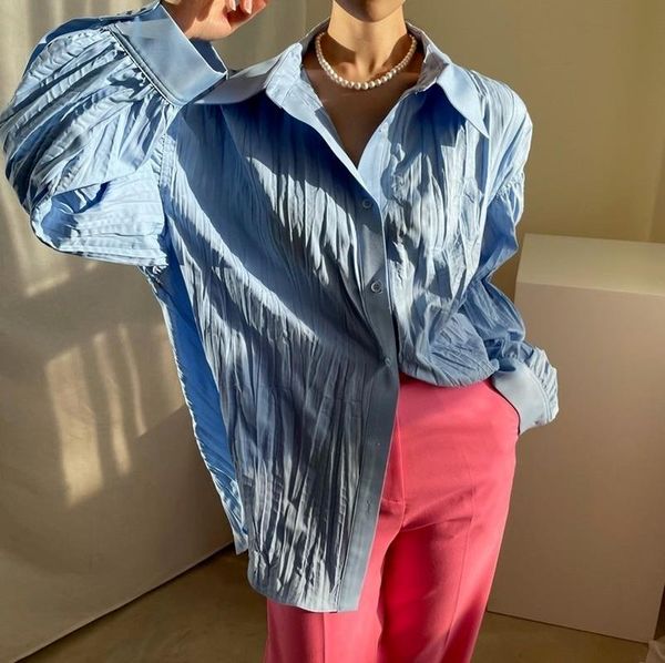 women's t-shirt korean version of the blue sweet casual pleated lapel in spring and summer 2021 loose thin solid color cardigan, White
women's t-shirt korean version of the blue sweet casual pleated lapel in spring and summer 2021 loose thin solid color cardigan, White