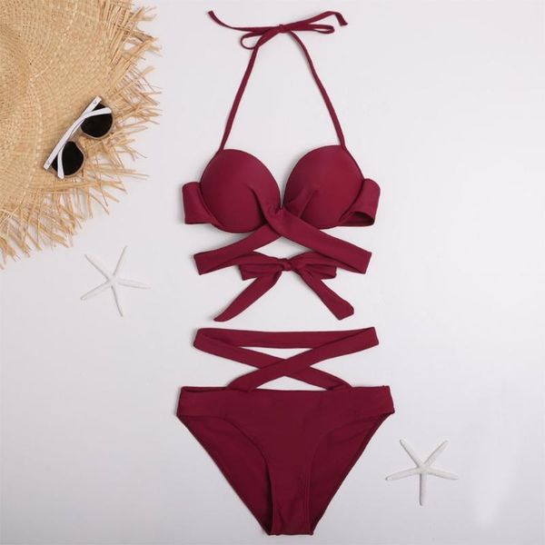 women's swimwear women summer 2 pieces bikini set halter push up underwire padded swimsuit criss cross bandage solid color bathing suit, White;black
women's swimwear women summer 2 pieces bikini set halter push up underwire padded swimsuit criss cross bandage solid color bathing suit, White;black