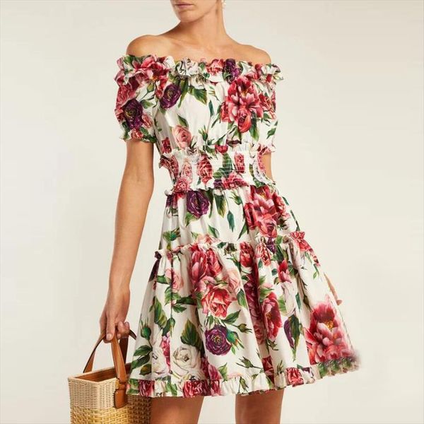 Summer Off Shoulder Beach Women Dresses Party Charming Rose Flower Print Ruffles Elastic Waist Short Dress Vestidos, Black;gray