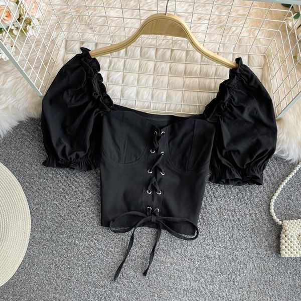 women's t-shirt 2021 summer vintage temperament women square collar puff sleeve cropped shirt solid color drawstring female tee, White
women's t-shirt 2021 summer vintage temperament women square collar puff sleeve cropped shirt solid color drawstring female tee, White