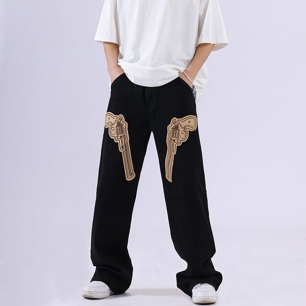 double guns embroidery casual mens trousers wide leg retro patchwork streetwear cargo pants oversized loose track pants, Black
double guns embroidery casual mens trousers wide leg retro patchwork streetwear cargo pants oversized loose track pants, Black