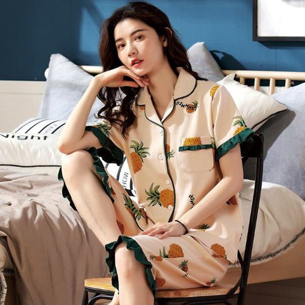 women's sleepwear full cotton pajamas women short sleeve cropped pant two piece set spring summer sleepwear pijama female print lo, Black;red
women's sleepwear full cotton pajamas women short sleeve cropped pant two piece set spring summer sleepwear pijama female print lo, Black;red