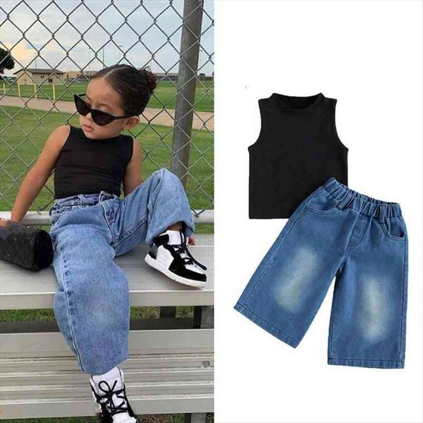 2-7y fashion kids girls clothes sets sleeveless pullover solid vest blue denim wide leg pants, White
2-7y fashion kids girls clothes sets sleeveless pullover solid vest blue denim wide leg pants, White