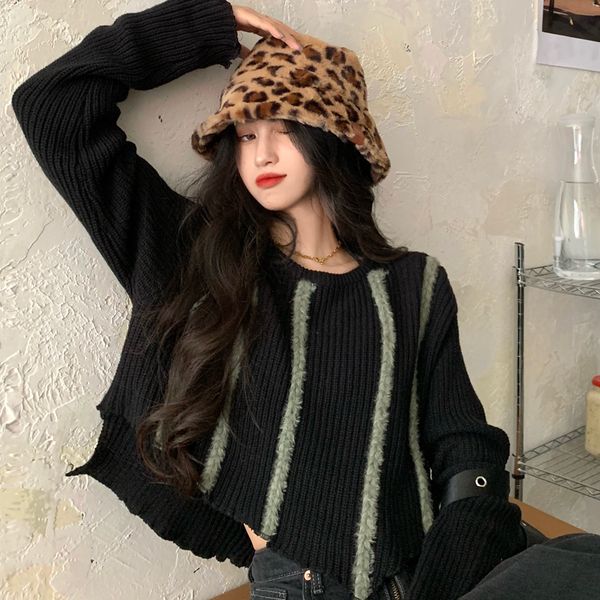 2021 Autumn Winter Women Pullovers And Sweaters korean style Loose stripe Patchwork Short knitted Sweater Female (C9921), White;black
2021 Autumn Winter Women Pullovers And Sweaters korean style Loose stripe Patchwork Short knitted Sweater Female (C9921), White;black