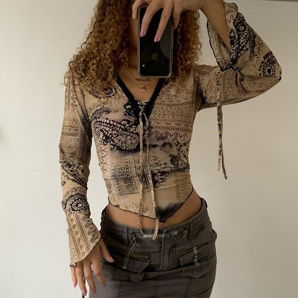 women's t-shirt 2021 autumn retro abstract printed clothes v-neck tie long sleeve temperament slim ladies short, White
women's t-shirt 2021 autumn retro abstract printed clothes v-neck tie long sleeve temperament slim ladies short, White