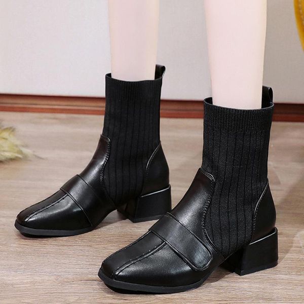 boots rimocy patchwork pu leather women's knitted 2021 square toe thick heel ankle women plus size elastic socks booties, Black
boots rimocy patchwork pu leather women's knitted 2021 square toe thick heel ankle women plus size elastic socks booties, Black