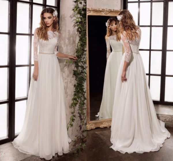 2021 wedding dresses three quarter sleeves lace chiffon bridal gowns with beading sashes vestido de noiva, White
2021 wedding dresses three quarter sleeves lace chiffon bridal gowns with beading sashes vestido de noiva, White