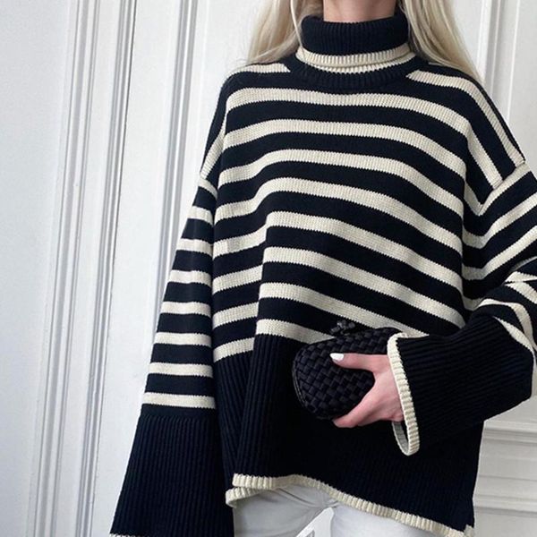women's sweaters autumn winter 2021 women striped sweater turtleneck long sleeve simple loose irregular ladies slit knitted jumper, White;black
women's sweaters autumn winter 2021 women striped sweater turtleneck long sleeve simple loose irregular ladies slit knitted jumper, White;black