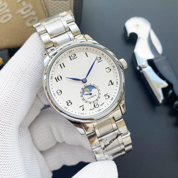 2021 new luxury mens watches 40mm size automatic mechanical watch designer brand moon phase steel and leather strap fashion gift style, Slivery;brown
2021 new luxury mens watches 40mm size automatic mechanical watch designer brand moon phase steel and leather strap fashion gift style, Slivery;brown