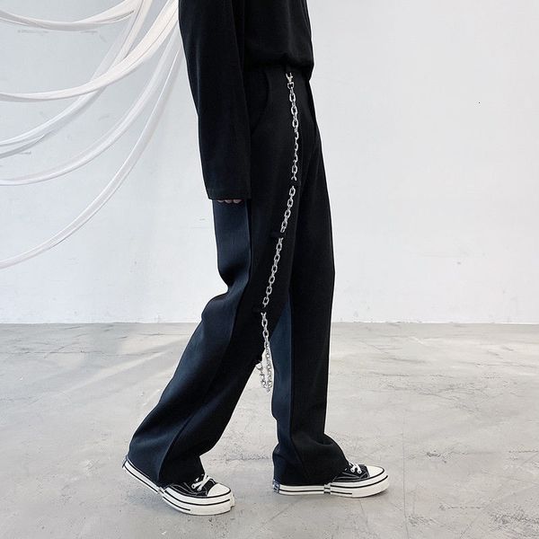 iefb / men's wear detachable chain decorative casual suit pants spring personality all-match black trousers male 9y4156 210524