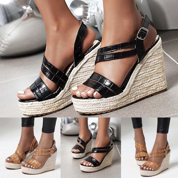 women solid color leather open toe straw wedges platform buckle strap casual sandals summer fashion female shoes, Black
women solid color leather open toe straw wedges platform buckle strap casual sandals summer fashion female shoes, Black