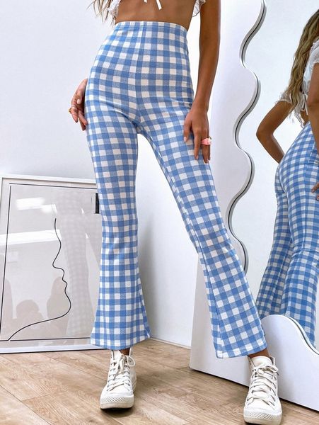 high waist gingham flare leg pants q6cf#, Black;white