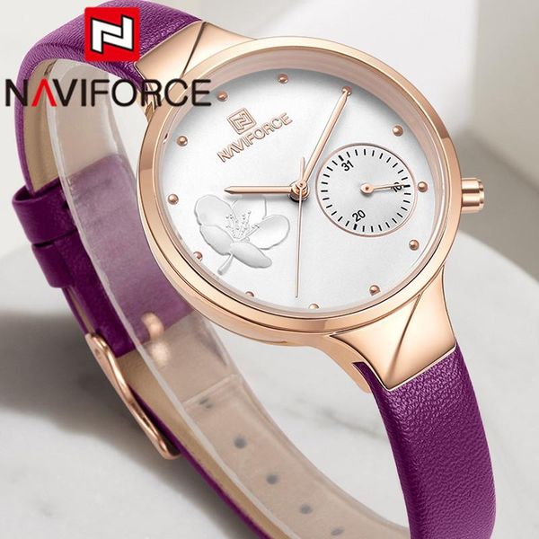 wristwatches naviforce fashion women watch purple gold ladies wristwatch genuine leather bracelet classic female clock 5001, Slivery;brown 
wristwatches naviforce fashion women watch purple gold ladies wristwatch genuine leather bracelet classic female clock 5001, Slivery;brown