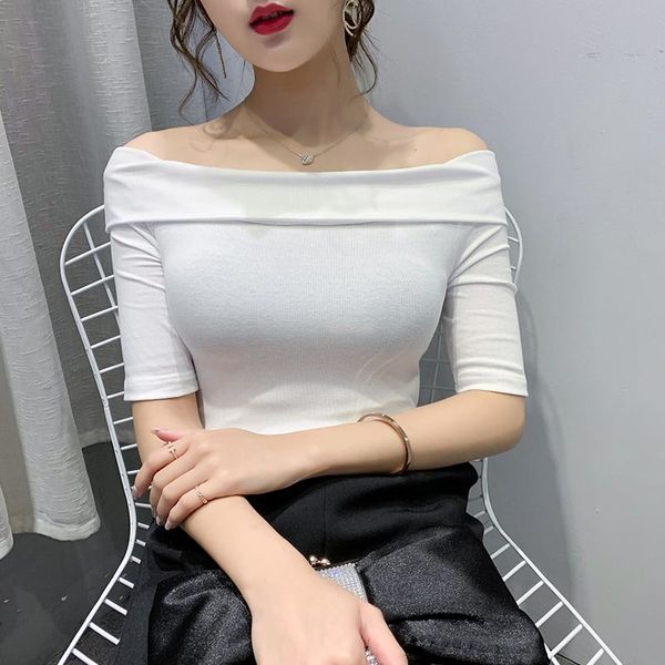 women's t-shirt 2021 spring short one-shoulder black short-sleeved thin off-shoulder femininity, White
women's t-shirt 2021 spring short one-shoulder black short-sleeved thin off-shoulder femininity, White