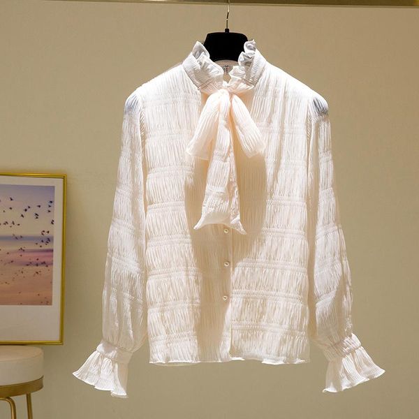 women's blouses & shirts bowknot shirt 2021 spring and autumn loose long flare sleeve pleated ruffled ladies elegant blusas, White
women's blouses & shirts bowknot shirt 2021 spring and autumn loose long flare sleeve pleated ruffled ladies elegant blusas, White
