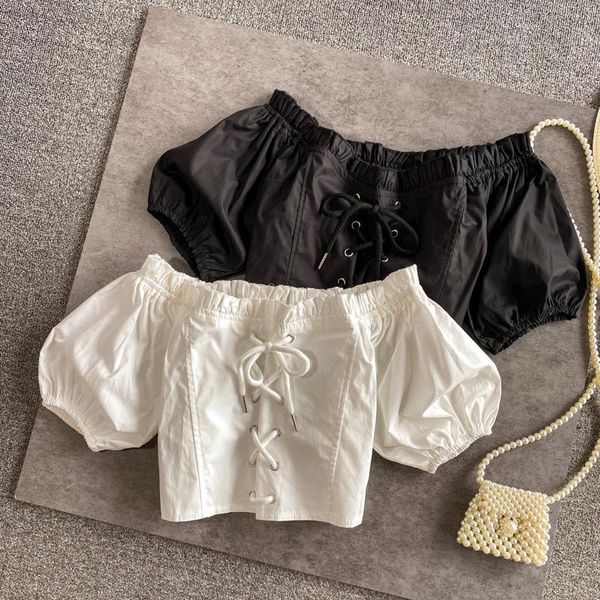 women's blouses & shirts french style summer solid slash neck off the shoulder lace up bare midriff female casual blouse, White
women's blouses & shirts french style summer solid slash neck off the shoulder lace up bare midriff female casual blouse, White