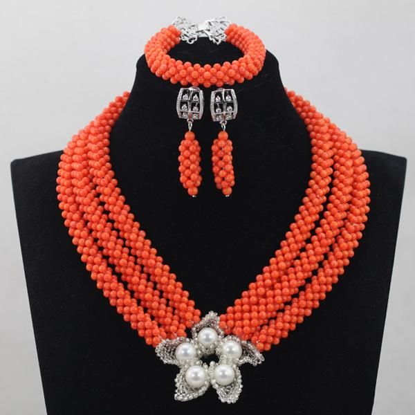 earrings & necklace luxurious orange coral beads jewelry sets 3 rows flowers design nigerian wedding african bridal set cj787, Silver
earrings & necklace luxurious orange coral beads jewelry sets 3 rows flowers design nigerian wedding african bridal set cj787, Silver