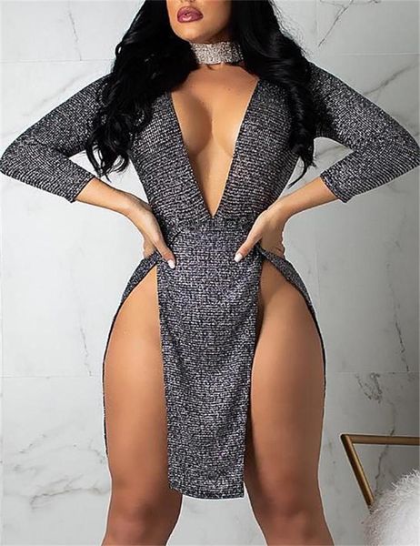 casual dresses women sparkly v neck long sleeve bandage bodycon mini dress party clubwear sequined elegant fashion, Black;gray 
casual dresses women sparkly v neck long sleeve bandage bodycon mini dress party clubwear sequined elegant fashion, Black;gray