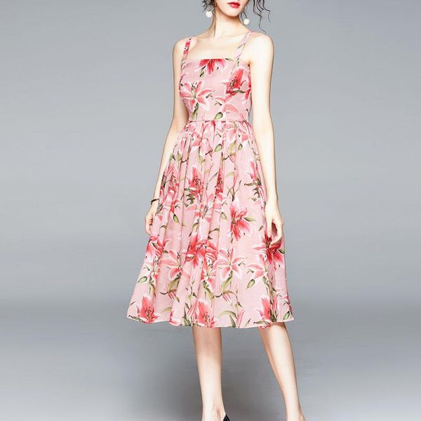 casual dresses summer pink lily floral print dress women beach sleeveless spaghetti strap elegant female draped robe femme vestido, Black;gray 
casual dresses summer pink lily floral print dress women beach sleeveless spaghetti strap elegant female draped robe femme vestido, Black;gray