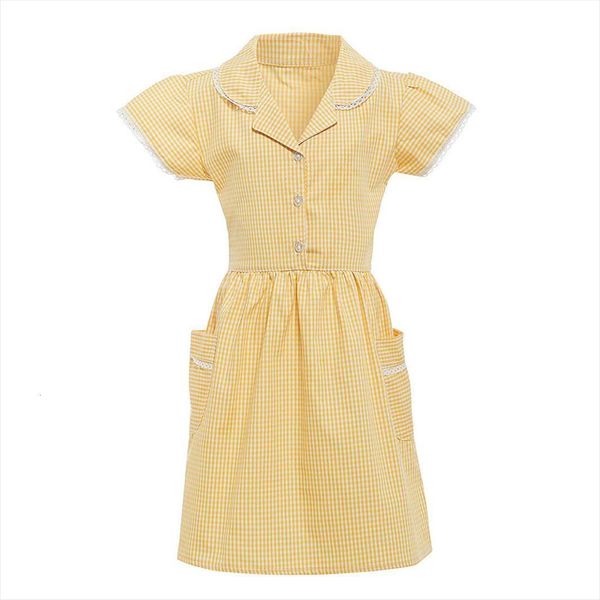 children girls gingham turndown girl dress lace plaid with pocket school summer kids clothes 7 8 9 10 11 years, Red;yellow