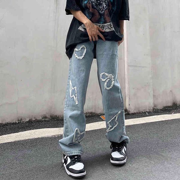 men's jeans and women's jeans, embroidered, retro, baggy style opz5, Blue