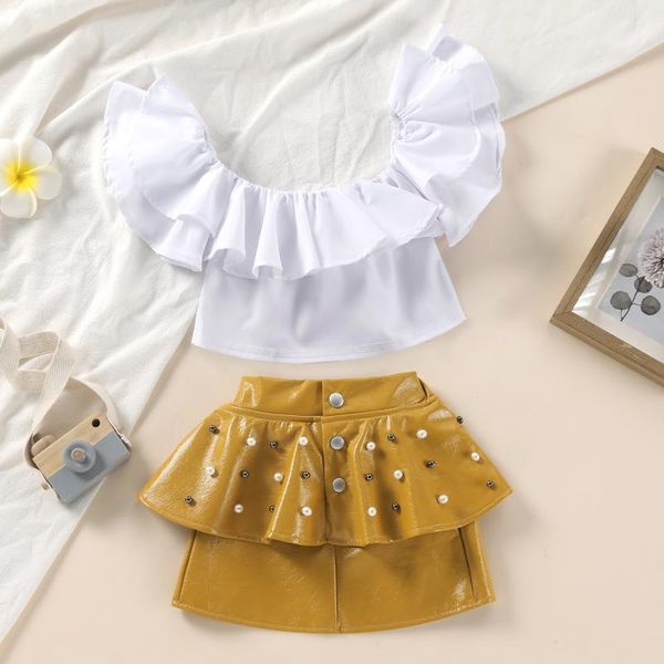 clothing sets 2-7y fashion kids girls clothes summer solid ruffles off shoulder crop shirts pearl pu leather skirts children outfits, White
clothing sets 2-7y fashion kids girls clothes summer solid ruffles off shoulder crop shirts pearl pu leather skirts children outfits, White