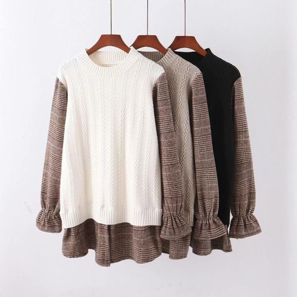 women's sweaters retro sweater round neck stitching knitted women pullover checked fake two, White;black
women's sweaters retro sweater round neck stitching knitted women pullover checked fake two, White;black