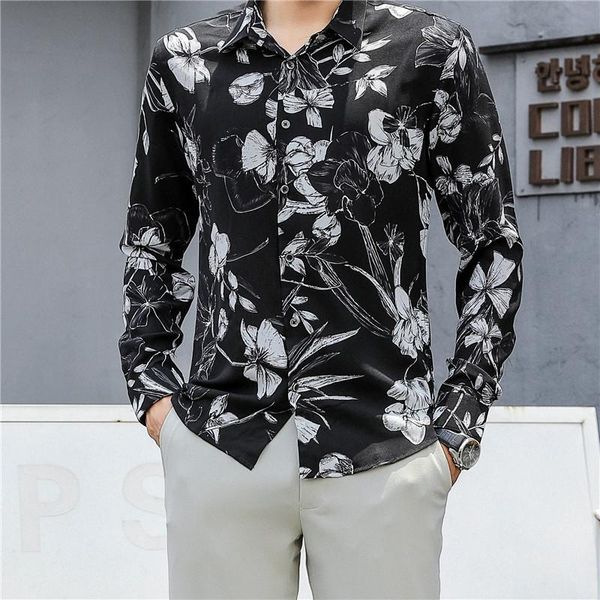 men's casual shirts vintage men shirt black long sleeve print flower party stylish male slim youth clothing, White;black
men's casual shirts vintage men shirt black long sleeve print flower party stylish male slim youth clothing, White;black