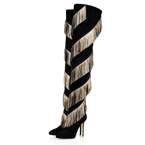 boots long women black suede gold tassel thin high heel thigh pointed toe heels zip over-the-knee botas mujer shoes
boots long women black suede gold tassel thin high heel thigh pointed toe heels zip over-the-knee botas mujer shoes
