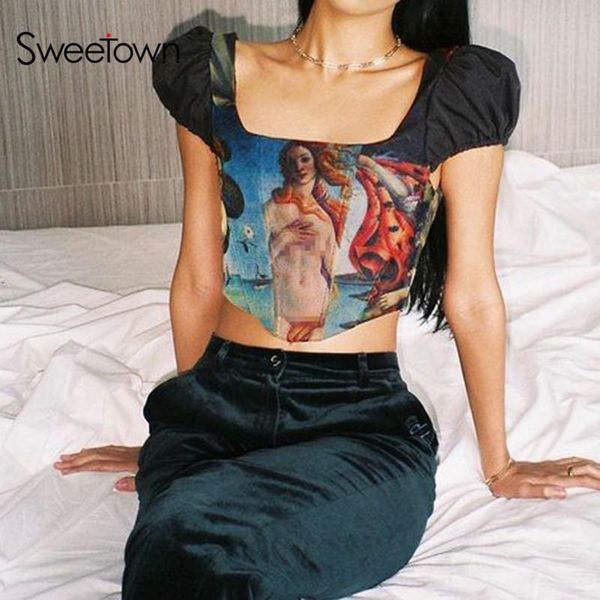 women's t-shirt sweetown vintage painting cartoon kawaii graphic t shirts square collar puff sleeve elegant slim baby tee y2k female st, White
women's t-shirt sweetown vintage painting cartoon kawaii graphic t shirts square collar puff sleeve elegant slim baby tee y2k female st, White