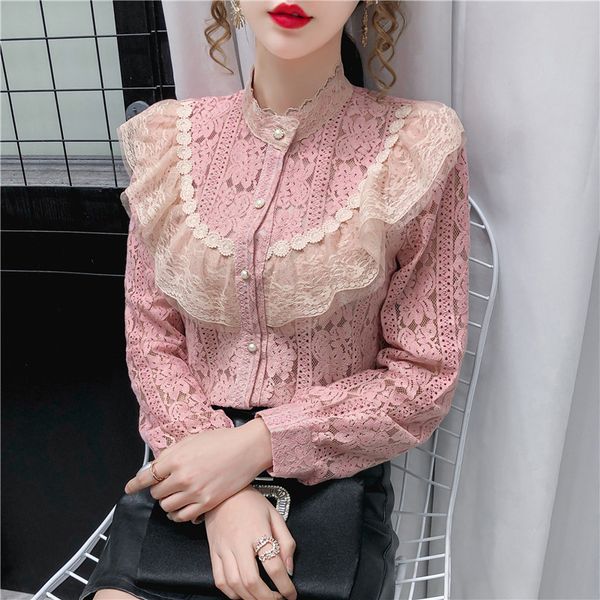 women's knits & tees spring sweet temperament lace ruffled stand-collar single-breasted pink/blue joker blouses 2wuk, White
women's knits & tees spring sweet temperament lace ruffled stand-collar single-breasted pink/blue joker blouses 2wuk, White