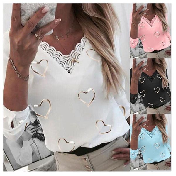 women's t-shirt fashionable summer 2021 long sleeve v-neck love printed turtleneck lace stitching casual, White 
women's t-shirt fashionable summer 2021 long sleeve v-neck love printed turtleneck lace stitching casual, White