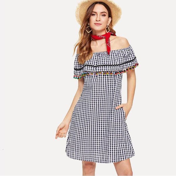 casual dresses summer women's clothing european and american backless fringed plaid dress for women, Black;gray
casual dresses summer women's clothing european and american backless fringed plaid dress for women, Black;gray