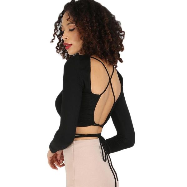 women's t-shirt fashion black criss cross backless long sleeve crop women s night club wear tees plain round neck, White
women's t-shirt fashion black criss cross backless long sleeve crop women s night club wear tees plain round neck, White