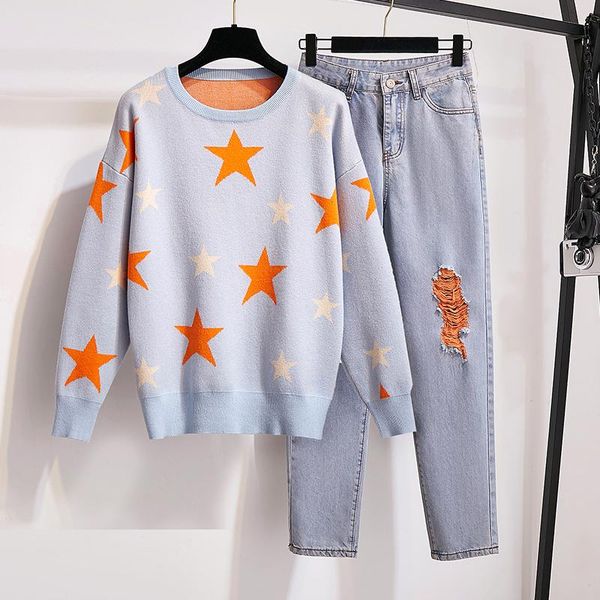 two piece dress sweater and denim pants 2 set women fashion plus size stars jacquard jumper hole pencil jeans suit, White
two piece dress sweater and denim pants 2 set women fashion plus size stars jacquard jumper hole pencil jeans suit, White