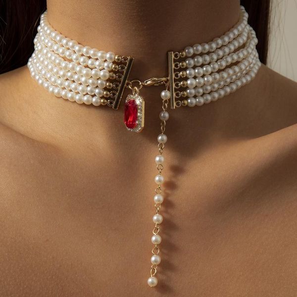 chains multi row imitation pearl choker necklace statement red color rhinestone crystal pendant necklaces for women jewelry accessories, Silver
chains multi row imitation pearl choker necklace statement red color rhinestone crystal pendant necklaces for women jewelry accessories, Silver