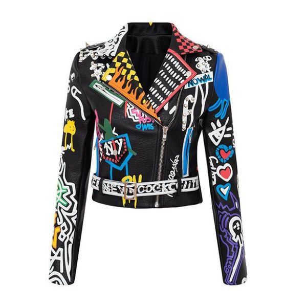 women's leather & faux stage singer locomotive graffiti cartoon pu jacket female punk style was thin motorcyle jackets coat with belt t, Black
women's leather & faux stage singer locomotive graffiti cartoon pu jacket female punk style was thin motorcyle jackets coat with belt t, Black