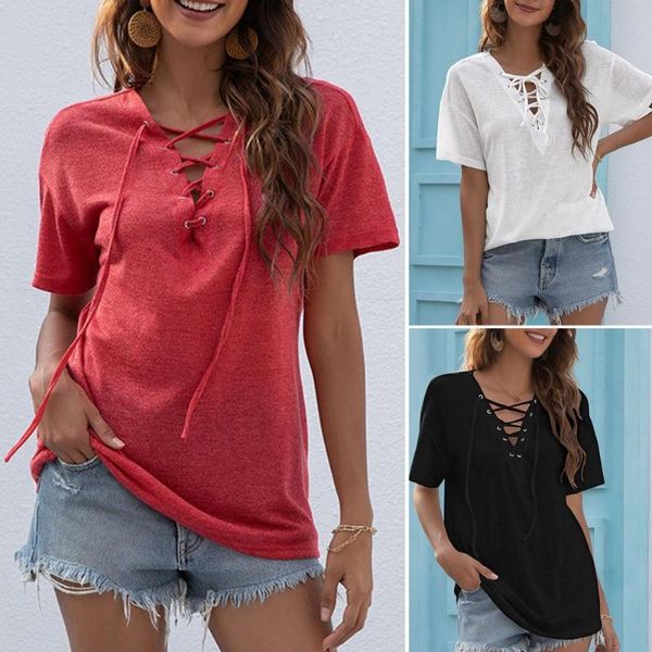 women's t-shirt women fashion casual lace-up v neck solid color polyester short sleeve t shirt summer tees, White
women's t-shirt women fashion casual lace-up v neck solid color polyester short sleeve t shirt summer tees, White