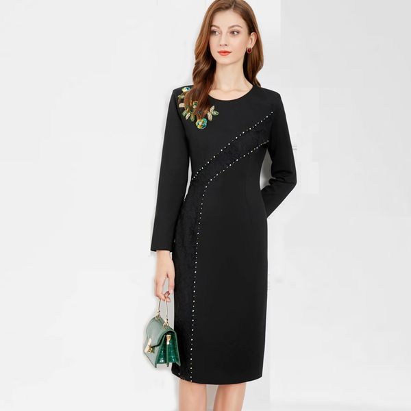 women's dresses o neck long sleeves rhinestones beaded embroidery lace patchwork fashion pencil dress vestidos, Black
women's dresses o neck long sleeves rhinestones beaded embroidery lace patchwork fashion pencil dress vestidos, Black
