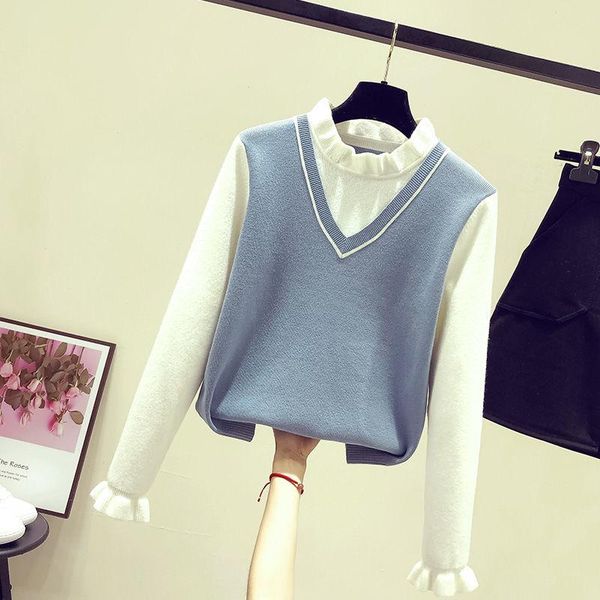 women's sweaters autumn loose women sweater knitted fake two piece ladies patchwork casual pullovers size full sleeve brand top, White;black
women's sweaters autumn loose women sweater knitted fake two piece ladies patchwork casual pullovers size full sleeve brand top, White;black