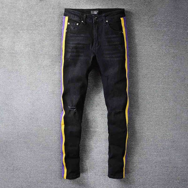 men's jeans streetwear yellow purple striped men black slim ripped fashion brand pants casual hip dance four season w6lr, Blue
men's jeans streetwear yellow purple striped men black slim ripped fashion brand pants casual hip dance four season w6lr, Blue
