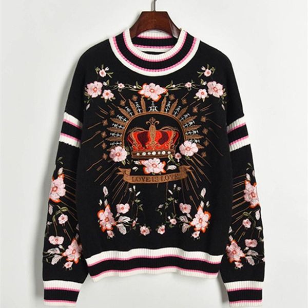 women's sweaters floral crown embroidery black sweater women half turtleneck long sleeve pullovers runway retro jumper loose spring, White;black
women's sweaters floral crown embroidery black sweater women half turtleneck long sleeve pullovers runway retro jumper loose spring, White;black
