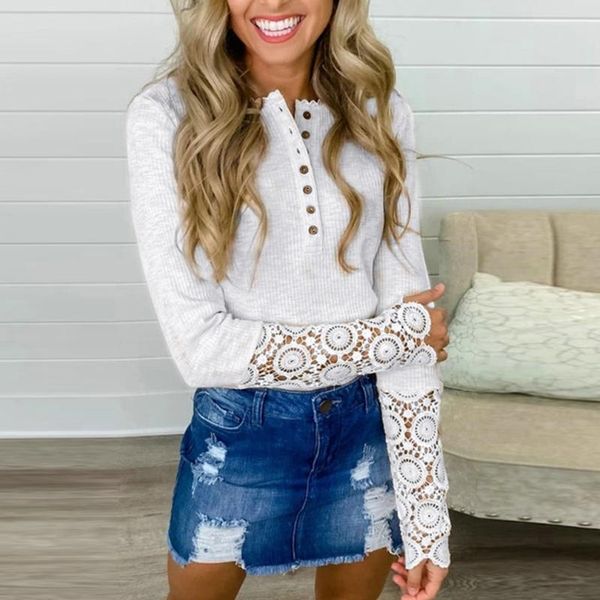 women's t-shirt lace splicing streetwear female long sleeve t shirt slim button spring fall patchwork pullover for lady, White
women's t-shirt lace splicing streetwear female long sleeve t shirt slim button spring fall patchwork pullover for lady, White